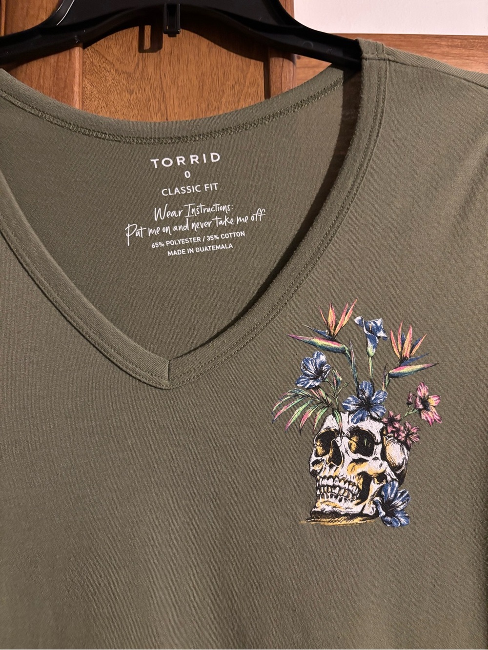 torrid Olive V-Neck Tee with Floral Skull Print